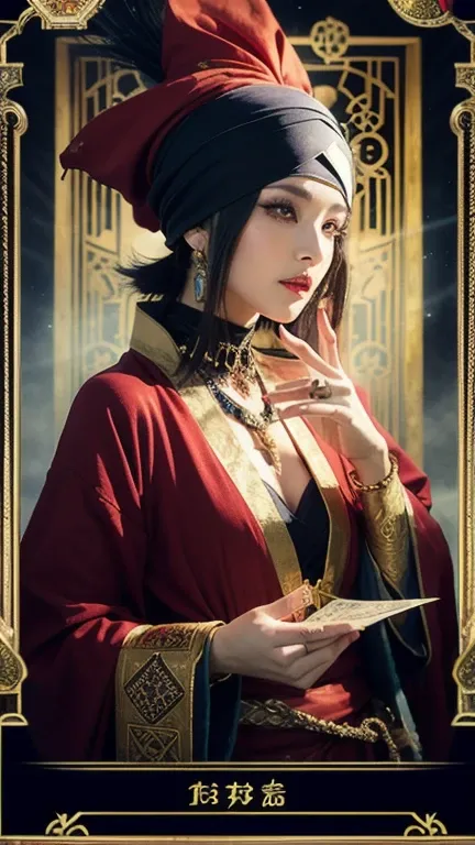 Onmyoji， Metal Picture Frame ，card，tarot cards：1.37.  Mysterious Fortune Teller Wearing a Turban，Finger taps an array of tarot cards in the air， Mysterious Symbols and Elements ，Ancient Mysterious Atmosphere  ，  Realistic Illustration Details  ，Vivid and P...