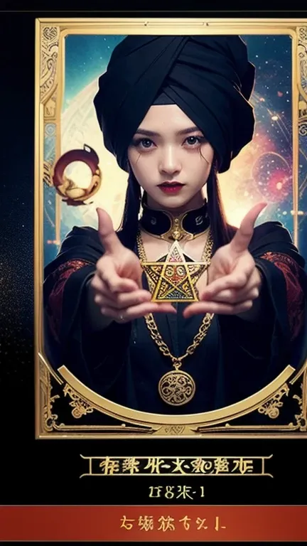 Onmyoji， Metal Picture Frame ，card，tarot cards：1.37.  Mysterious Fortune Teller Wearing a Turban，Finger taps an array of tarot cards in the air， Mysterious Symbols and Elements ，Ancient Mysterious Atmosphere  ，  Realistic Illustration Details  ，Vivid and P...