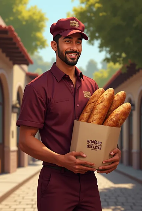 Create for me a deliveryman with burgundy uniform breads with the name Essência Pães Caseiro