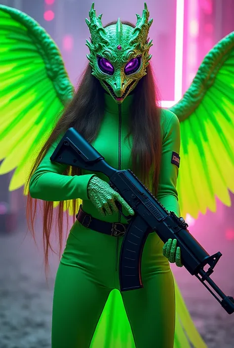 A phoenix woman with long brown hair in a neon green suit with a dragon mask with large purple neon green phoenix flights with an AK47 in her hand