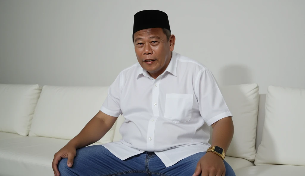 professional photo, photography, man from Indonesia, 50 years old, short hair, wearing a typical Indonesian black peci, gloomy (sad) facial expression, telling a story, slightly fat body, wearing a white short-sleeved button-up shirt, blue denim pants, gol...