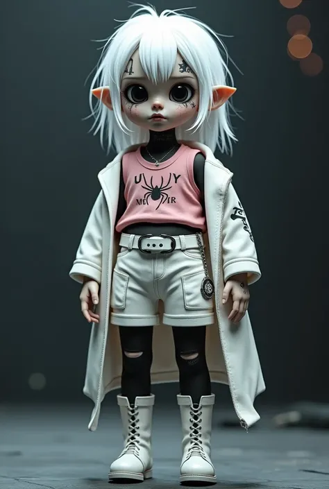 Gothic doll,  boy, white hair, no smile, spider tattoo on face, pink collarless sleeveless top with English words, white belt with chain belt, white shorts with large pockets, long version with collar white  jacket, jacket with badge design, ripped black t...