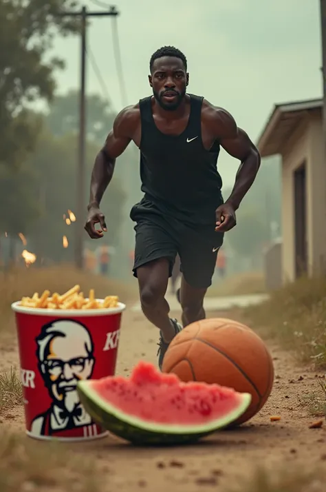 Generate an image of a black man running towards a trap with kfc watermelon and a basketball as a lure