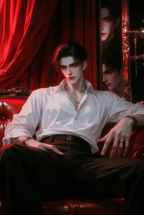 A 26-year-old young man with handsome looks, a plump body, black sharp eyes, yellow-white skin, dark handsome, black vintage hair, wearing a white shirt, black slacks, he sits on the sofa in a blood-red black room.