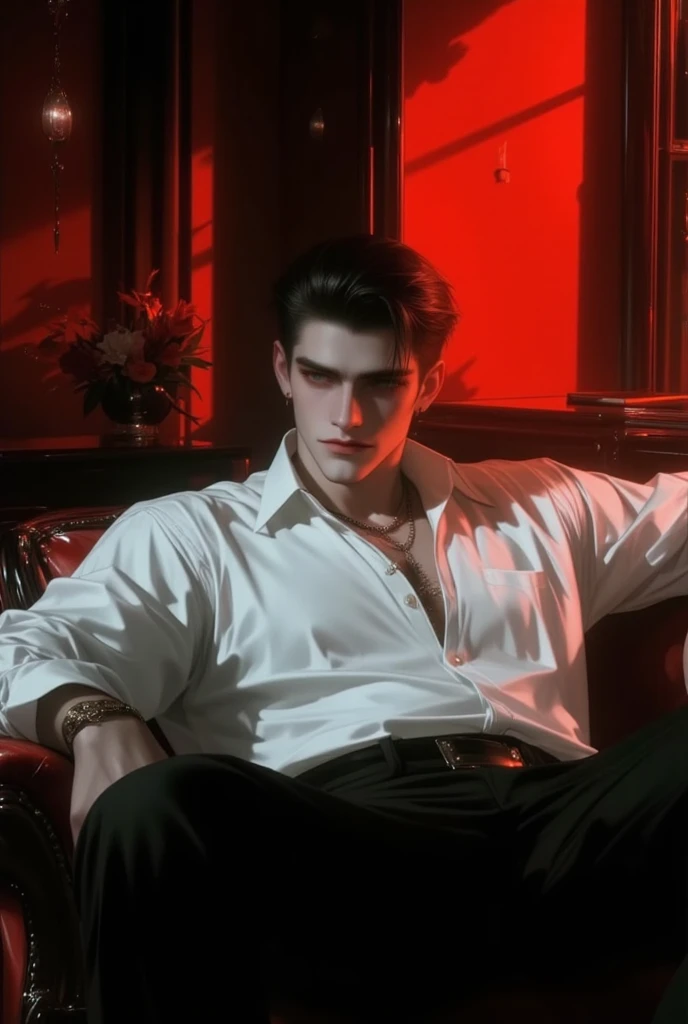 A 26-year-old young man with handsome looks, a plump body, black sharp eyes, yellow-white skin, dark handsome, black vintage hair, wearing a white shirt, black slacks, he sits on the sofa in a blood-red black room.