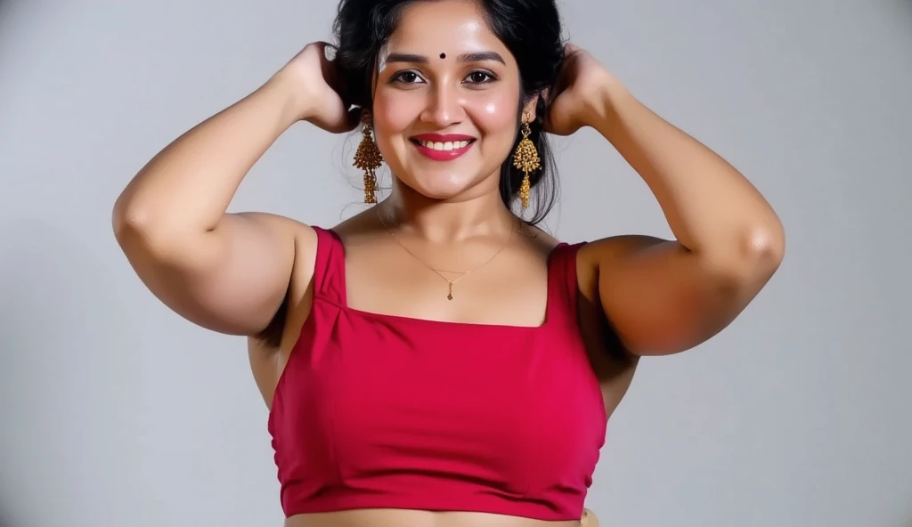 a 40-year-old busty Indian girl of hourglass figure stands confidently with her hands behind her head showcasing her armpits, her short hair styled in an elegant updo, and a radiant smile directed toward the cameras. She is wearing red strapless bra, paire...