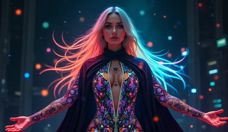   a close up of a mystical woman [centered] dressed in elegant and futuristic urban attire .  Her vibrant  ( neon rainbow tribal tattoos shine with a supernatural glow , capturing the observer's attention. wearing cloak, arms out wide, floating high in a d...