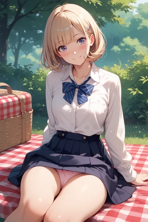 わきUnderを見せない，blush，Under，  no background ，   when you stare at ， Stare at Pe ，Sit on a chair，Front view， panties,smile， skirt， no background， Picnic