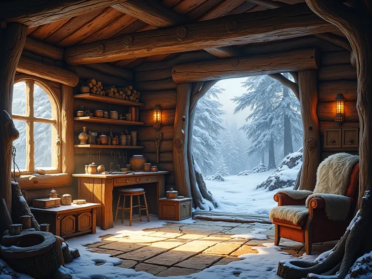 inside a woodcutters lodge, medieval fantasy room , no people, snow can be seen outside