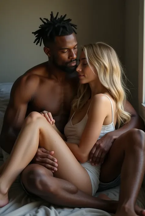 18 years old blonde girl with skinny body and long legs sitting on the lap of a mature black man who grops her beautiful tits 