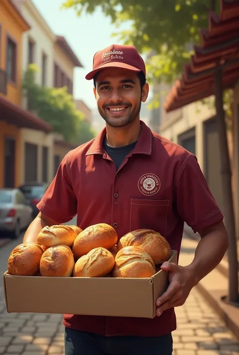 Create for me a deliveryman with burgundy uniform breads with the name Essência Pães Caseiro delivering