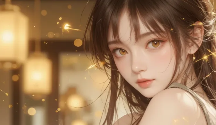 A highly detailed anime-style close-up portrait of a beautiful young woman with long, flowing brown hair that cascades naturally around her face and shoulders. Her hair is slightly tousled, with individual strands catching the soft ambient light, creating ...