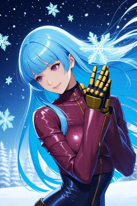  absurdres, ultra detailed, master piece, best quality, Kula Diamond \(king of fighters\), blue hair, hime cut, purple eyes, gloves, (1girl), (detailed face:0.8), (detailed eyes:0.8), snowflake, high resolution, 8k wallpaper, Distinct, magical atmosphere, ...