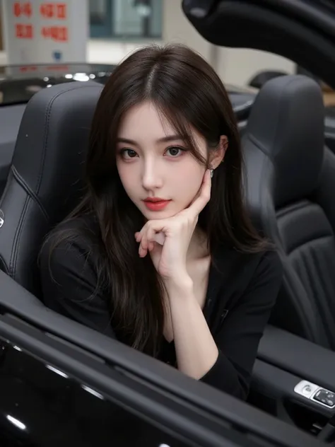  1girl , Alone, Smile,  sitting in supercars,  black shirt picture of Ara ara female,beautiful ,Korean woman's face, sexy ,  long hair, lip bite expression, sitting in a bmw car