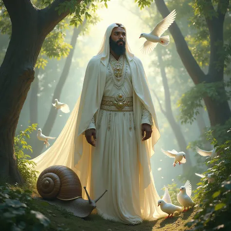 Orixá oxalá warrior man all white in the forest emitting light followed by a large snail and several white doves 