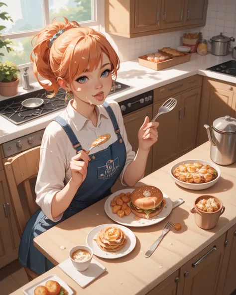 A clumsy girl in the kitchen,   High resolution,  Super detail , Food in the face, anime illustration