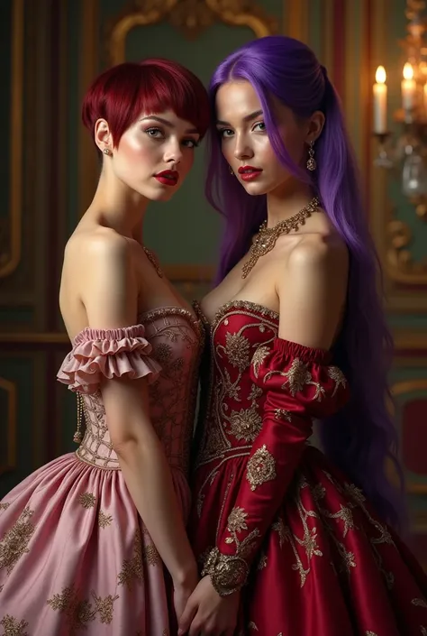 a young woman with short dark red pixie cut hair, a young woman with long bright purple hair, two very attractive caucasian females, palace ball, era of three musketeers, (best quality,4k,8k,highres,masterpiece:1.2),ultra-detailed,(realistic,photorealistic...