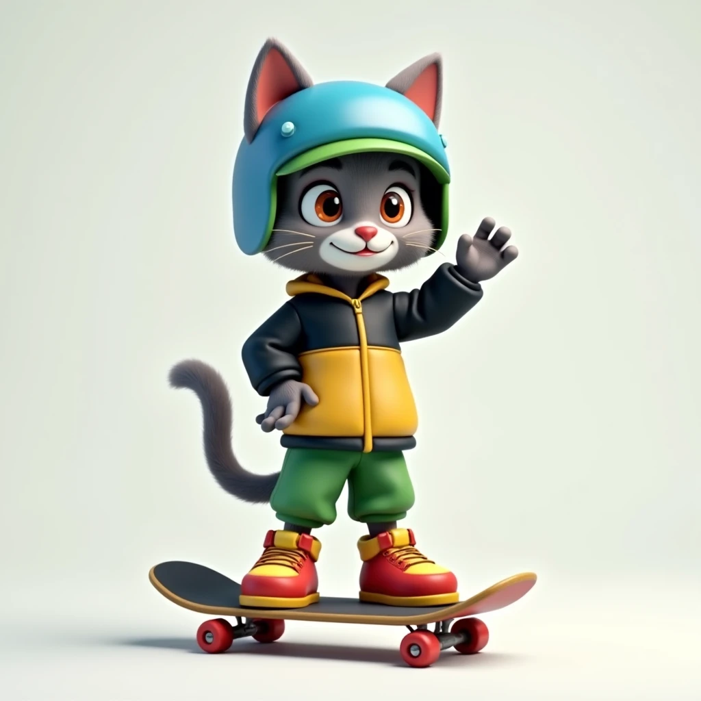 Image is a cartoon-style scene. The layout is vertical, featuring a single anthropomorphic young adult character in the center. The character has a young grey cat-like appearance with pointed ears and a tail, wearing a blue and green helmet, a black and ye...