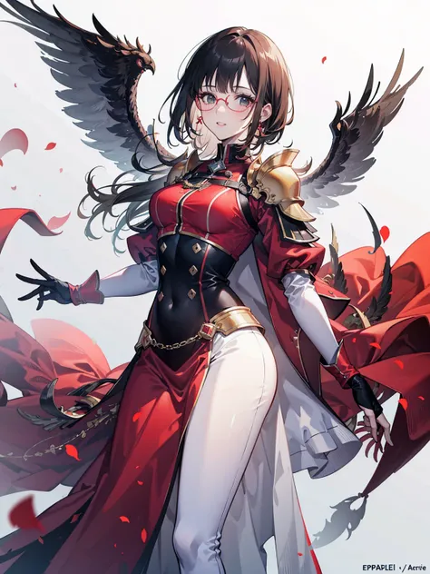 chae, 1girl, cha hae-in solo leveling, looking at viewer, full, red dress, red costume, medium hair, black hair, black eyes, black circle eyeglasses, bangs, parted lips, sky, artist name, armor, shoulder armor, epaulettes, red skirt, white leggings, master...