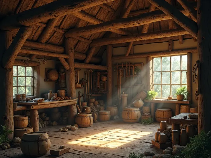 inside a woodcutters storage lodge, medieval fantasy room , no people, no fireplace