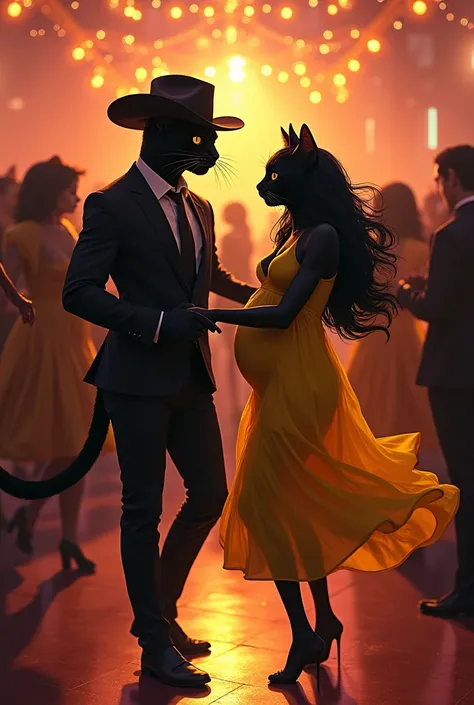 Create an adult black cat in a dress suit and cowboy hat with an adult female black-haired cat dressed in yellow pregnant at a nightclub dancing lots of light in the room several people dancing 