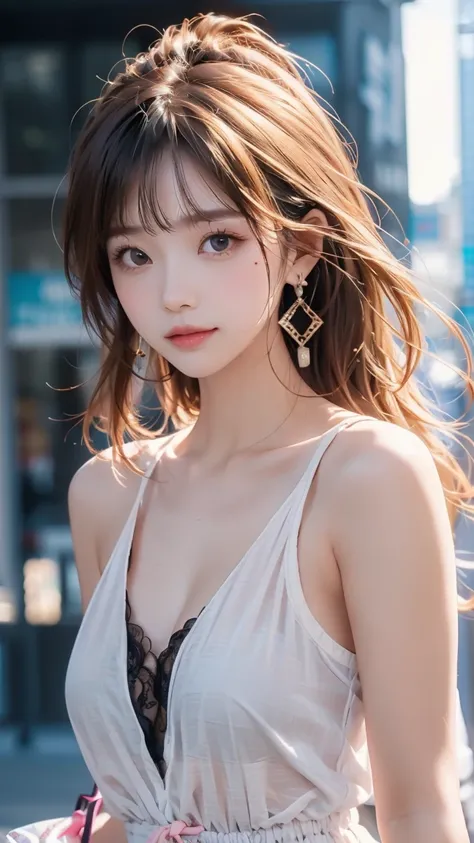  1girl ， breast，嘴巴下方的mole，mole， brown hair，大breast，Long hair ， Green eyes ， Exposed shoulders ， Exposed shoulders ，Smile， black difference ，earrings，s bone ，cleavage，cleavage，White nails，clothing，cleavage切割， closed mouth ，Nail polish，sleeveless，sleeveless，...