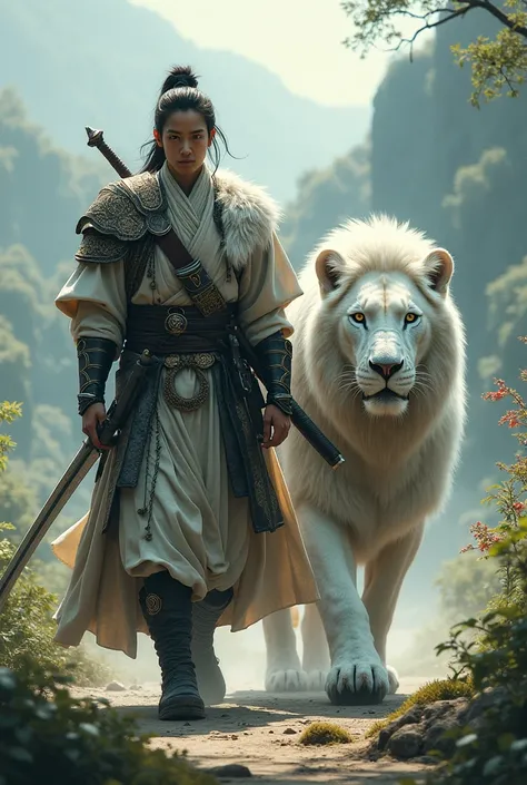 A man dressed as a swordsman walks with a big white lion