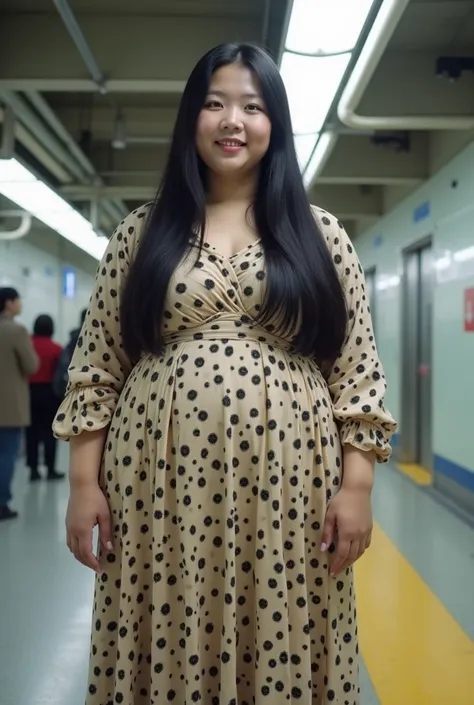 Very morbidly obese Korean woman of 1 . 63 meters tall 38 years old , delicate skin without makeup ,  very straight very long jet-black hair,She wears the most worn dress in the year 2024 by Korean women in her country. The image is a panoramic photo of he...