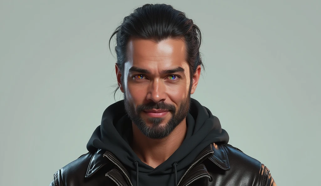 a realistic 30-year-old boy , dark hair brushed back ,  jacket brillante estilo ciberpunk,  jacket,  open clothing,  challenging face half green medium brown realistic eyes,  half smile ,  short beard