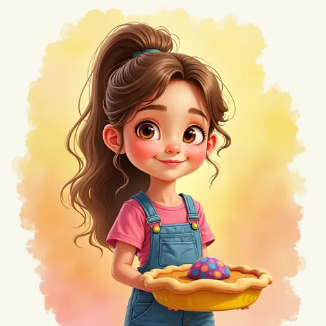 Fillette cheveux long marron ondulé mignonne attaché  , Pink T-shirt and blue overalls that place a mini colored stone in a yellow pie , Pixar style watercolor . 