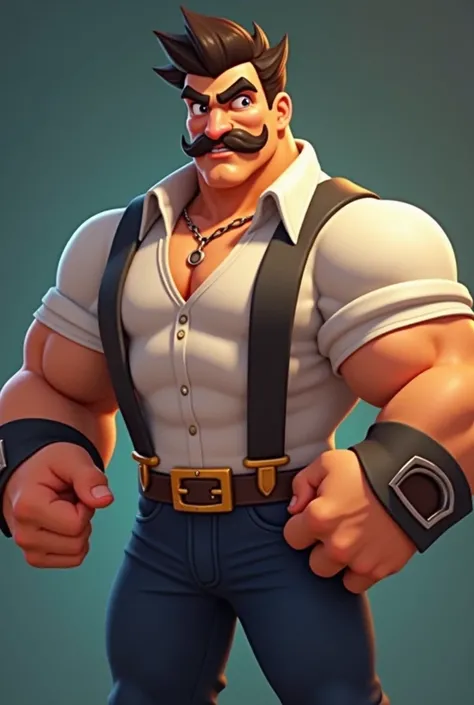 Brawl Stars character Sam, A middle-aged man with a mustache,  and a muscular, and strong physique. They wear forceps shaped knuckles on both arms,  wearing suspenders,  realistic image ,  high quality