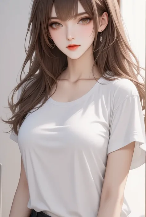 The 26-year-old girl has a cute face, big breasts, big black round eyes, light red makeup, black long hair in big curls. She is wearing a white t-shirt highlighting the breasts on a white background, she looks at the audience.