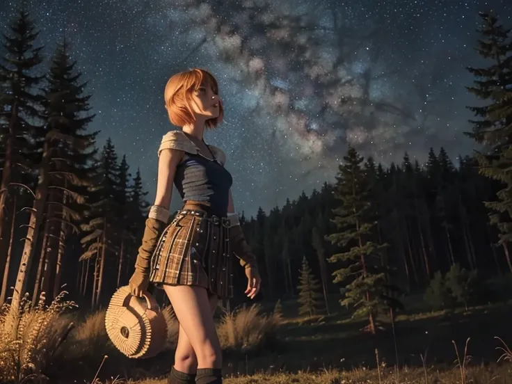 Astrid,  short hair ,  orange hair,  slim body breasts,  small bust,  in profile, skirt,  long socks , Hands to Heaven, many trees,  starry sky, milky way