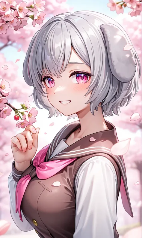  gray hair,  short hair, droopy gray puppy ears,  pink ribbon , slightly large breasts,  pink eyes, ,  , On the way to school, Cherry blossoms, spring, petal, A sunny day ,  illustration