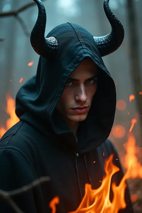  A mix of demon and death.  man. Ophegenically beautiful .  blue eyes.hood.The horns are black. there are flames around 