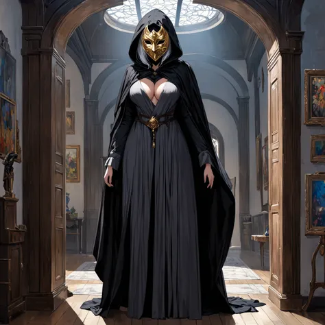 Top quality, mask, solo, hood, robe, cloak, female focus, indoors, 1girl, standing, painting (object),large breasts, 