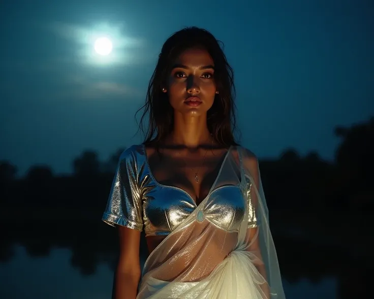 
**"A realistic and atmospheric scene of a summer night with moonlight shining on the humid face of a 25yr indian pale skin woman. She stands gracefully under the night sky, wearing a Short-sleeve U-neck metallic silver blouse and a transparent metallic si...