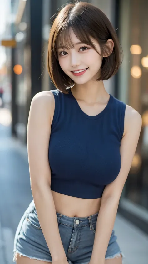  Shopping Street : ((tight navy blue sleeveless shirt)), denim shorts,  top quality, shape, 非常に Details,  Details,  high resolution,  8k wallpapers,   perfect dynamic composition  , beautiful details,   Natural Lips, Tight Sleeveless T Shirt , (((H cup bre...