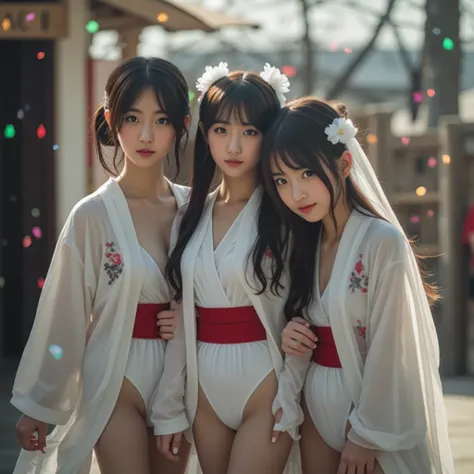 Exposed Open Gigantic Cleavage, CoveredNipple without Bra, Transform into 8K UltraDetailed Live-Action, Photorealistic, ExtremelyDetailed Professional Photography of KAWAII FUNDOSHI Girls at HAKATA GION YAMAKASA, FullBody from below, MagicHour Miracle, Eth...