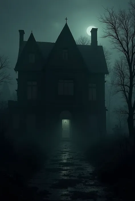 Dark scene. Light creaking of doors. The silhouette of an old mansion in disrepair is visible