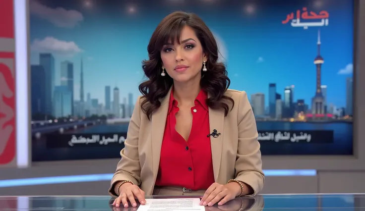  Writing  letter "Al Jazeera News", with Al Jazeera TV logo mark, left upper screen,  Front view, Full body,  left sitting on chair,  hands on table ,right big TV monitor in Al Jazeera NEWS, talking news,  female  news anchor, 1 beautiful Turkish women ,30...