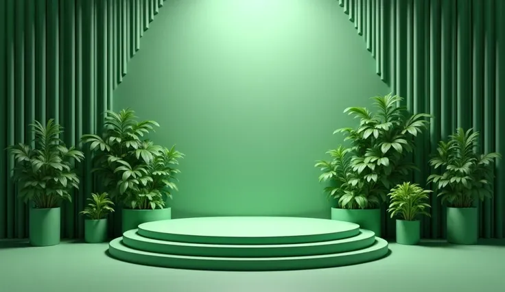 no plantation, Concert photography, photo realistic, create 3d text on the wall “Green Vibes for Green Forest”, create isometric rounded mini 1stage length 2 meter and long 2 meter and tall 45 centimeter above the ground level inside exhibition room, with ...