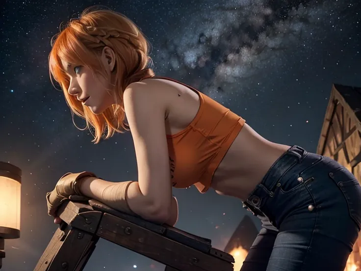 Astrid,  short hair ,  orange hair, Red bra,  slim body breasts,  small bust,  in profile, jeans, Hands to Heaven,  starry sky, milky way