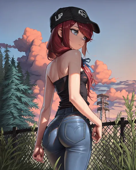 score_9, score_8_up, score_7_up, 1girl, solo, close up, back view, ass, walking under willow trees, low twin tails, gray eyes, dark red hair,  (((long swept bangs))), thin, close up, small breasts, (((strapless))), ((strapless loose sleeveless shirt, black...