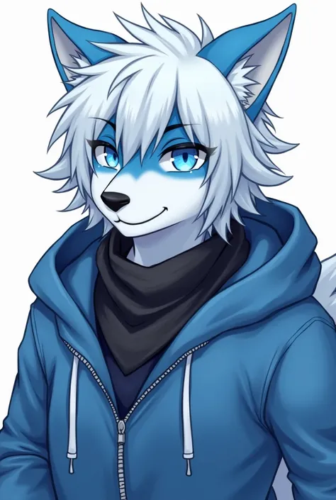 Furry art of a adult Male character with blue fur, white fluffy short hair, blue eyes, Furry drawing, wolf ears, black bandana around his neck, blue jacket with hoodie, smiling kindly, furry character, adult wolf furry male 