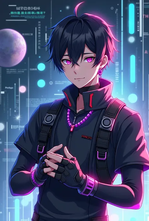 Earring & Fingerless Gloves
A futuristic anime-style male character with sharp eyes and a cyberpunk earring. He wears fingerless gloves with neon details and a stylish tactical outfit with modern straps. The background features digital elements like floati...