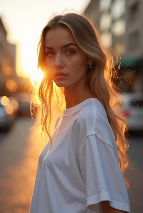 A  caucasian model Backlit portrait,The model is illuminated with rim light, beautiful 15year old,big eyes,beautiful eyes,Fair skin,fashion hair,slim, body with big breasts,wear all white oversize t-shirt are top of plain all white color with white biniki,...