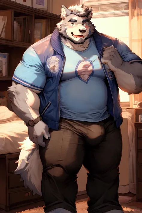 Furry, wolf, male, college student, mature, short beard, short hair, t-shirt, pants, college jacket, bulge, dorm, bedroom, seductive, flirty, high quality, high resolution