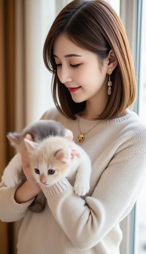  full body photo、I can see slim legs、：2.0、12K、HDR、   Japanese、  bits deep 10 bits   、With random facial expressions、 holding a cat 、I'm holding a cute kitten、With a big smile、Toothy smile、With a smiling face、 is wearing a fluffy sweater、 loose chest、( is p...