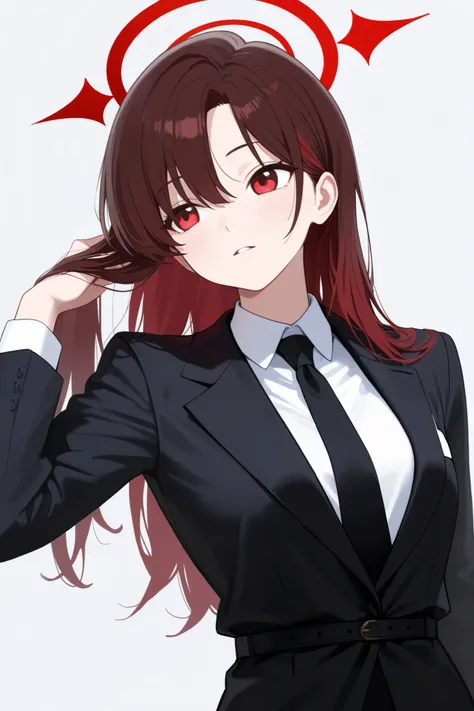 1 girl, Hair length reaches the back, Brown hair and red hair on the edges of the hair, red eyes, but not bright, wear a suit outfit, หน้าอกไซส์ปานกลาง, have a red halo